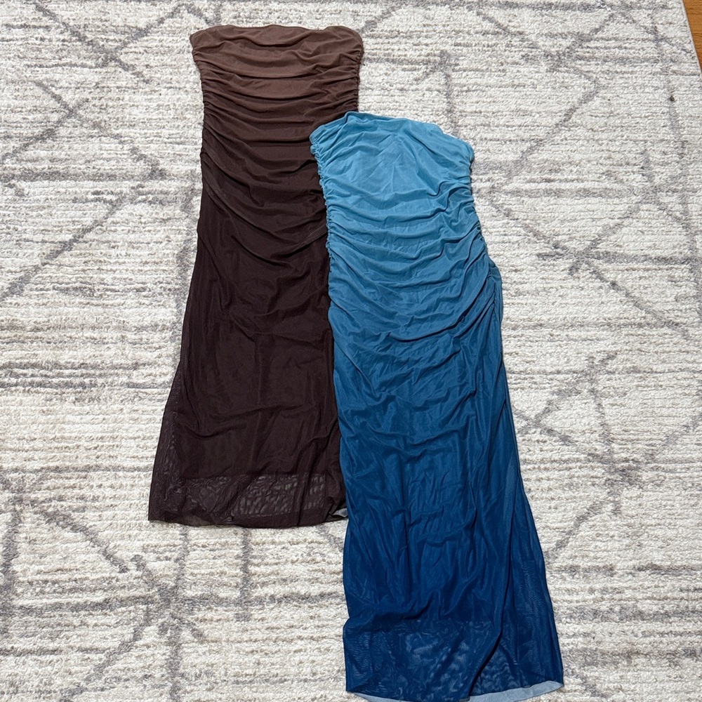 Brown and Blue Strapless Dresses